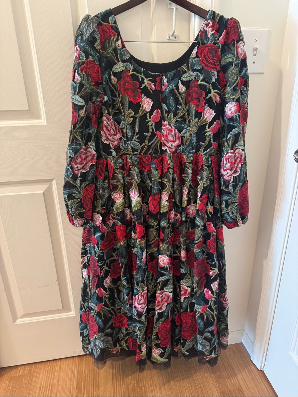 JessaKae Black Dress with Red & Pink Rose Embroidery